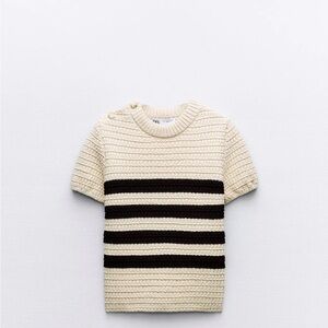 Zara Cream and Black Striped Knit Short-Sleeve Sweater